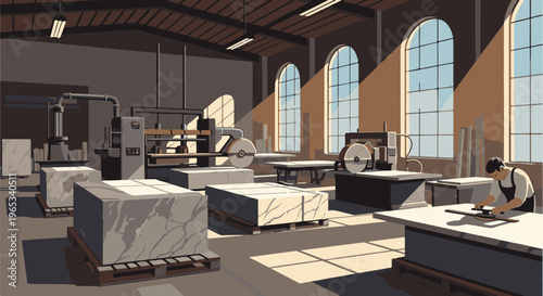 Sunlight streams into a workshop where large stone blocks await processing