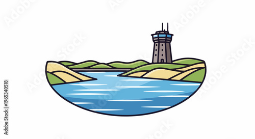 Stylized reservoir with tower and rolling hills