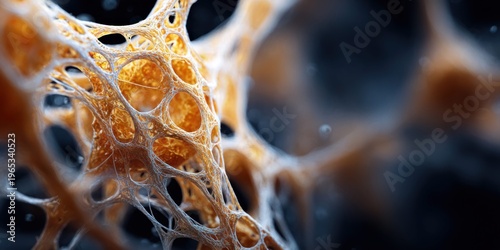 Abstract microscopic view of cellular structure with intricate network and golden spheres