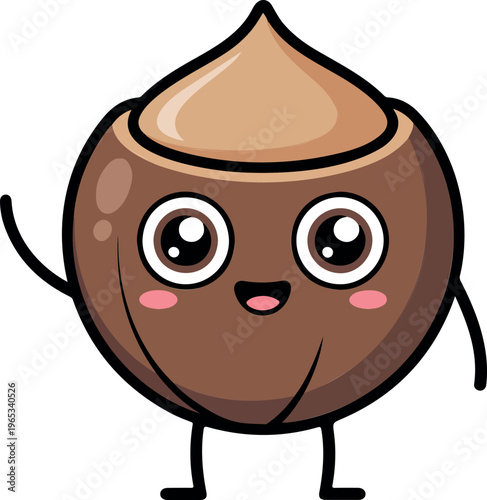 Cute happy brown hazelnut character, smiling nut mascot, funny healthy snack cartoon, cheerful food icon, playful kawaii vector illustration