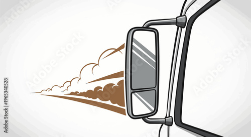 Stylized view of a truck's side mirror reflecting a speeding trail of brown clouds