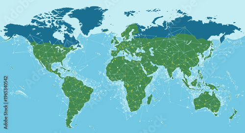 World map with green continents on blue oceans background