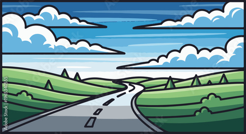 Stylized road curves through green hills under a bright, cloudy sky