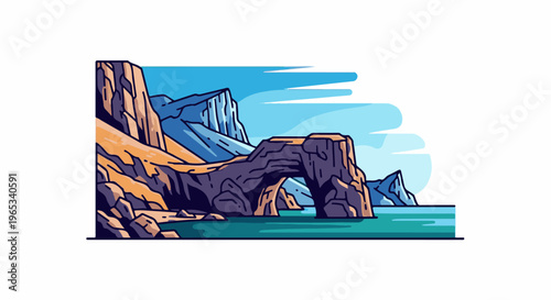 Stylized rocky coastline with a natural archway over calm blue water