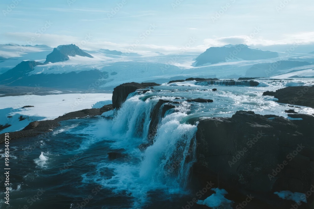 Fototapeta premium Glacial waterfall cascading over rocky terrain in a snowy mountain landscape