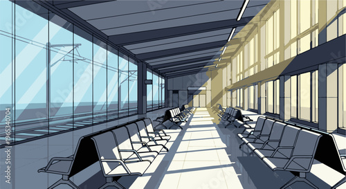 Sunlit waiting area with rows of seats by large windows and train tracks