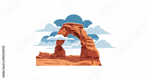 Stylized sandstone arch against blue and white clouds