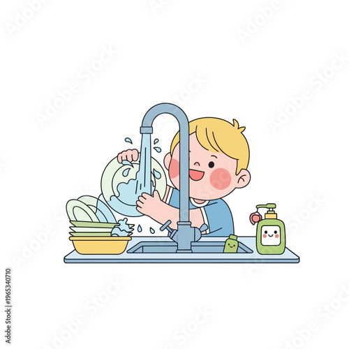 Cute boy washing dishes at kitchen sink, cartoon style, hygiene concept