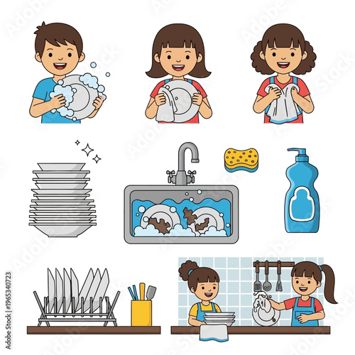 Children washing dishes, helping with chores, kitchen cleaning, domestic tasks, illustration