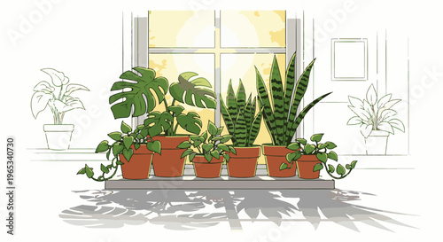 Sunlit window sill with an assortment of potted indoor plants