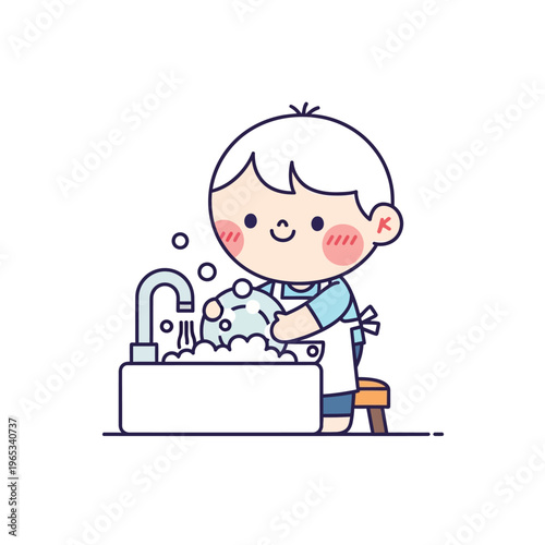 Cute boy washing dishes with soap and bubbles in sink, hygiene concept