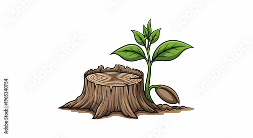 Tree stump with a new seedling sprouting from the ground