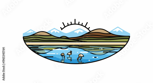 Stylized serene landscape with sun, mountains, lake, and flamingos