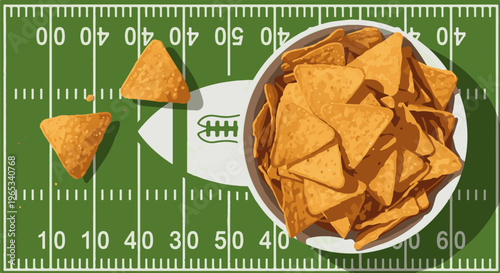 Triangular chips spill from a bowl onto a green football field