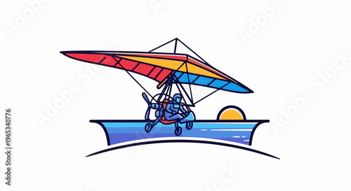 Tri-colored hang glider with pilot soars over blue water at sunset