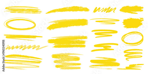 Bright yellow paint lines and brushstrokes. Set of textured sunny watercolor lines. Dynamic abstract translucent colored highlights, vector graphics