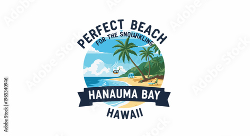 Tropical beach scene with palm trees, ocean, and snorkeling equipment