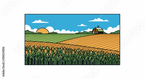 Sunrise over a vibrant cornfield and cultivated farmland with a barn