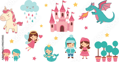 Cute fairy tale characters collection with unicorn dragon castle princess and kids cartoon vector illustration set