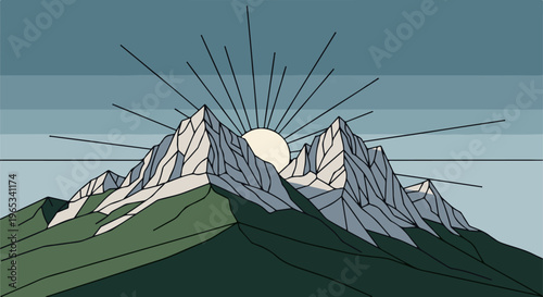Sunrise over jagged mountain peaks with minimalist lines and muted colors