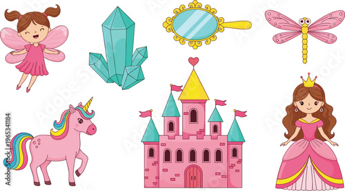 Cute fairy tale elements collection with fairy unicorn castle crystal dragonfly and princess vector illustration set