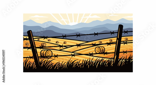 Sunrise over rolling fields with hay bales and barbed wire fence