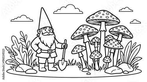 Gnome holding shovel near mushrooms and plants coloring book page.
