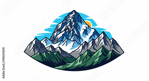 Stylized snow-capped mountain range under a partly cloudy sky with a rising sun