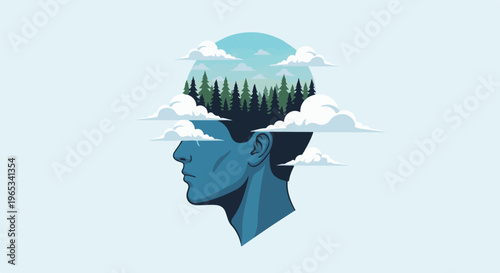 Surreal pixel art profile of a head filled with forest under clouds