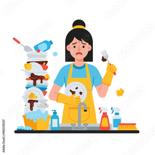 Frustrated Woman Washing Dishes, Pile of Dirty Plates, Housework Burden