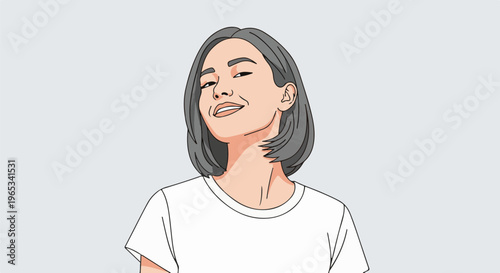 Stylized portrait of a smiling woman with short grey hair and white t-shirt