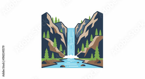 Stylized waterfall cascading down rocky mountains into a river
