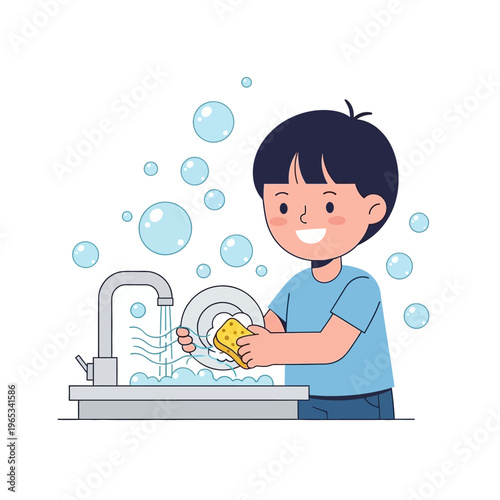 Happy boy washing dishes at kitchen sink with bubbles and running water, illustration