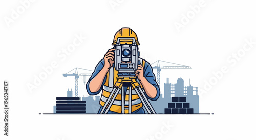 Surveyor in hard hat and vest operates survey equipment at construction site