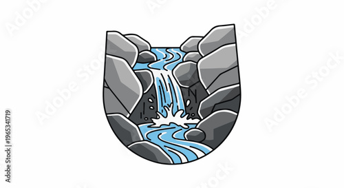 Stylized waterfall cascading over rocks in a U-shaped frame
