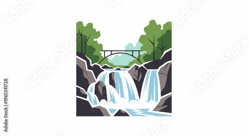 Stylized waterfall flows over rocks with bridge and trees above