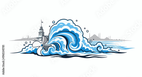 Stylized wave and ship propeller against a city skyline silhouette