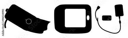 Digital blood pressure cuff set with solid black icon on white background featuring medical, healthcare, illustration with vector and iconography