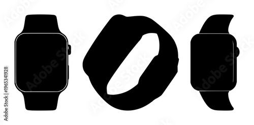 Smartwatch set with solid black icon on white background featuring fitness, wearable, smartwatch with icon design and monochrome