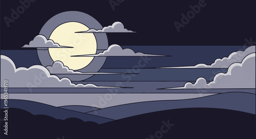 Stylized pixel art of a pale moon behind clouds over rolling hills