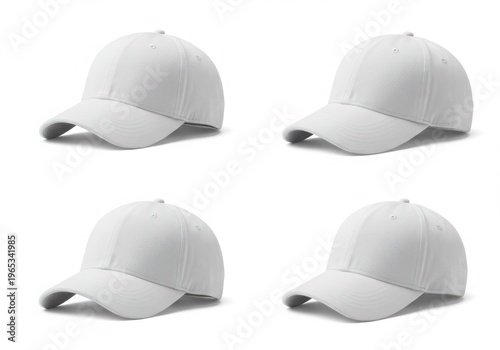 Four white fuzzy baseball caps arranged in a grid