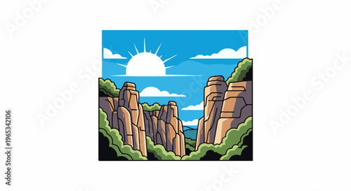 Stylized pixel art of a sun-drenched canyon with towering rock formations and lush vegetation