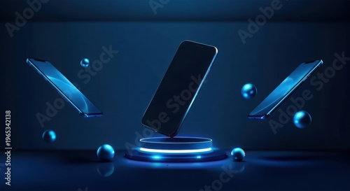 Futuristic smartphone display with neon blue accents and floating elements