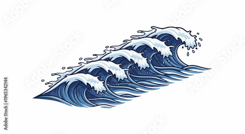 Stylized pixel art of crashing blue ocean waves with white foam