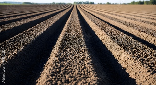 Tilled soil rows stretch farmland under clear sky view