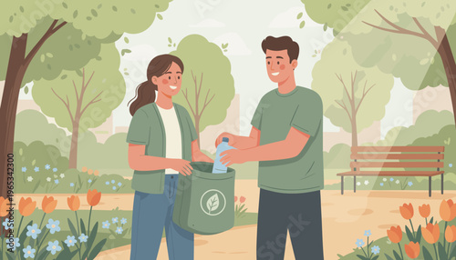 Volunteers collecting plastic bottles in spring park with blooming flowers in flat vector illustration style. Concept of environmental care, community action and recycling responsibility for cleaner f
