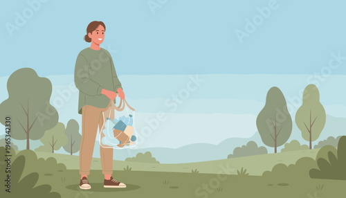 Young volunteer collecting litter in natural landscape with trees and hills in flat vector illustration style. Concept of environmental responsibility, individual action and caring for nature during o