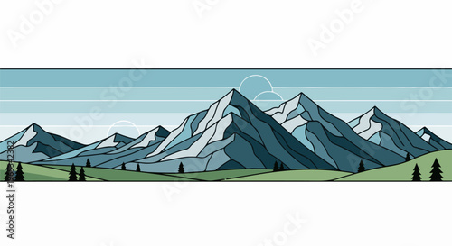 Stylized, pixelated mountain range with rolling green hills and sparse trees
