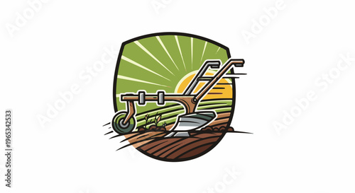 Stylized plowing machine against a rising sun and green field