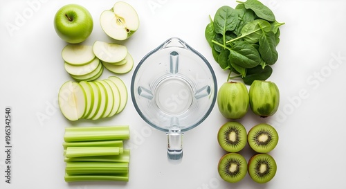 Preparing a healthy green smoothie with sliced apples, kiwis, spinach and celery
